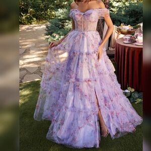 Corset to ered ruffle purple floral prom dress with leg slit